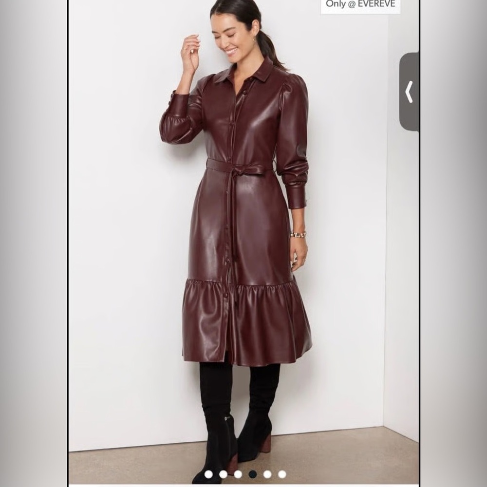 Evereve Isabella Faux Leather Long puff sleeves Ruffle Hem Burgundy Midi Dress S